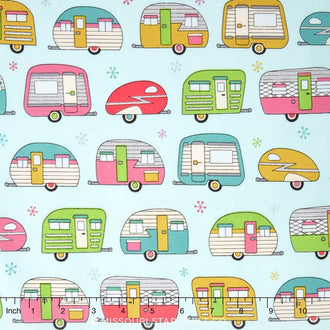 On the Road - Vintage Campers Aqua Metallic Yardage