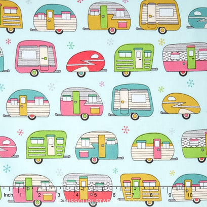 On the Road - Vintage Campers Aqua Metallic Yardage