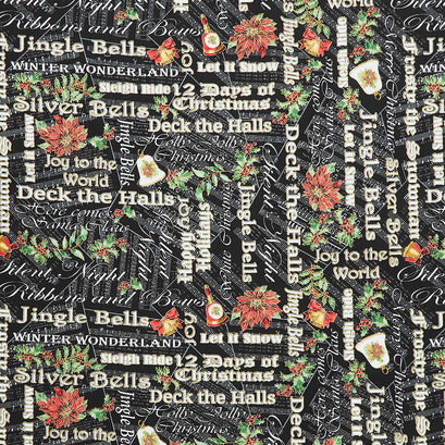 Christmas Musical - Joyous Words Black Metallic Yardage