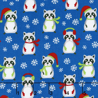 Frosty Friends - Winter Raccoons Blue Yardage