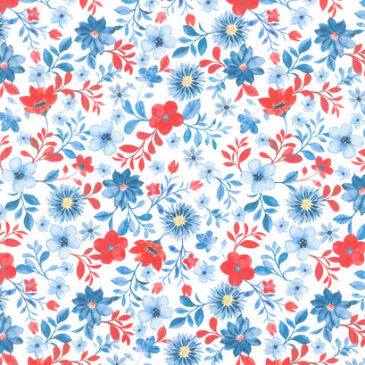 Faith, Family, Freedom - Patriotic Flowers White Yardage