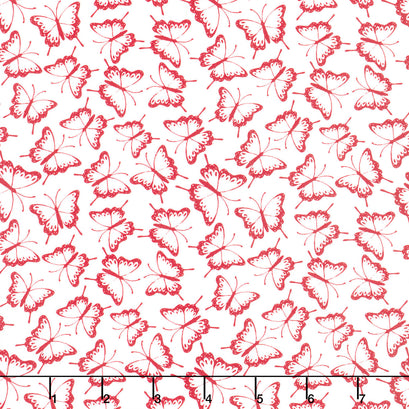 Garden Redwork - Packed Butterflies White Yardage