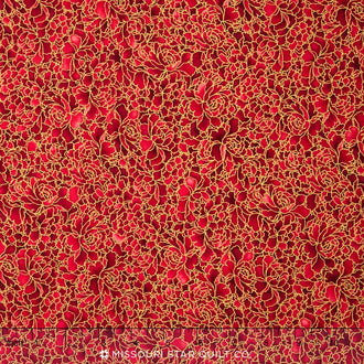 Akiko - Neutral Packed Peony Crimson Metallic Yardage