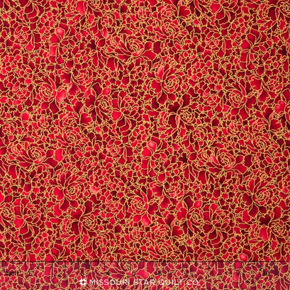 Akiko - Neutral Packed Peony Crimson Metallic Yardage