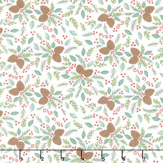 Woodland Winter - Pinecones & Foliage Snowy White Yardage