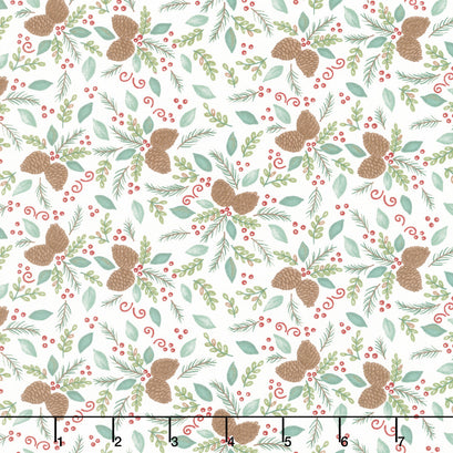 Woodland Winter - Pinecones & Foliage Snowy White Yardage