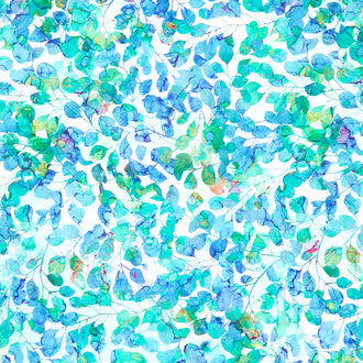 Dragonfly Dance - Leaves White Teal Yardage