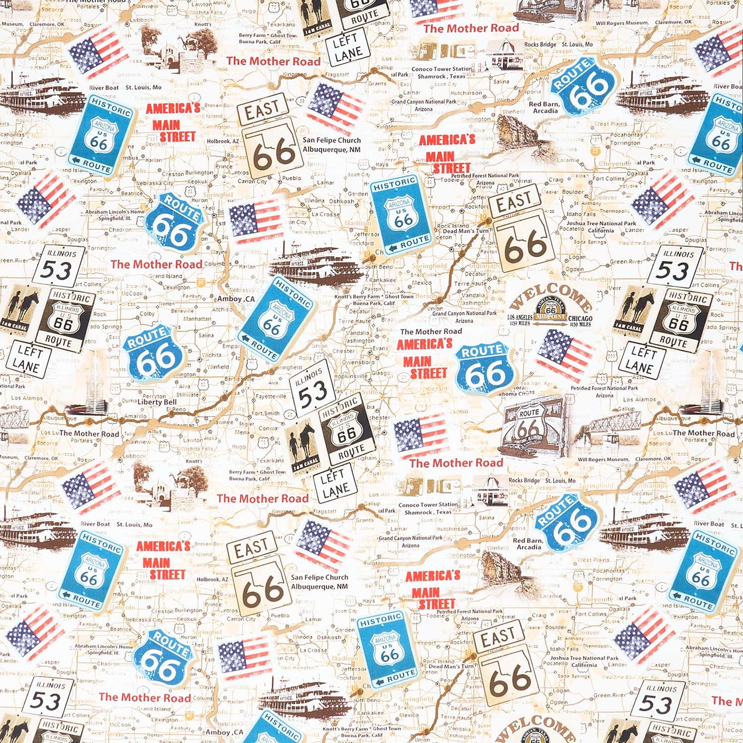 Novelty - Timeless Treasures - Route 66 Antique Map Natural Yardage Primary Image