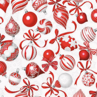 Holiday Flourish 10 - Scarlet Christmas Ornaments Silver Metallic Yardage