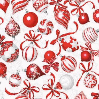 Holiday Flourish 10 - Scarlet Christmas Ornaments Silver Metallic Yardage