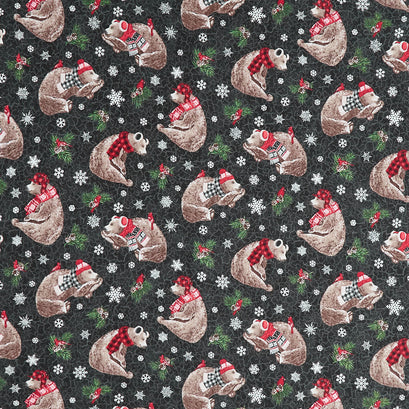 Beary Merry Christmas - Tossed Bears Black Multi Yardage