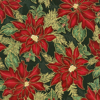 Holiday Flourish 10 - Holiday Large Poinsettias Black Metallic Yardage