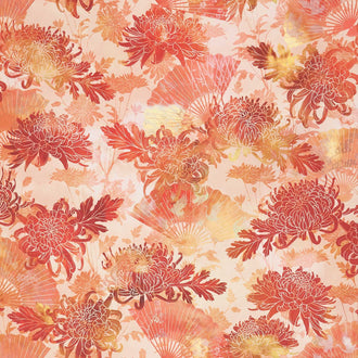 Oriental Gardens - Fans & Mums Red Digitally Printed Yardage