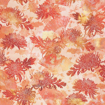 Oriental Gardens - Fans & Mums Red Digitally Printed Yardage