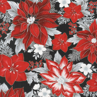 Holiday Flourish 11 - Silver Poinsettias Ebony Metallic Yardage
