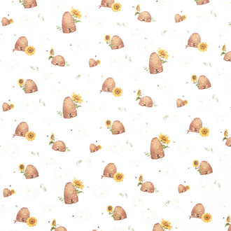 Honey Bees and Flowers Please - Beehives White Yardage