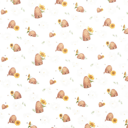 Honey Bees and Flowers Please - Beehives White Yardage