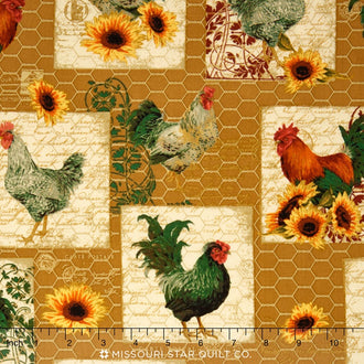 French Roosters - Main Print Gold Yardage