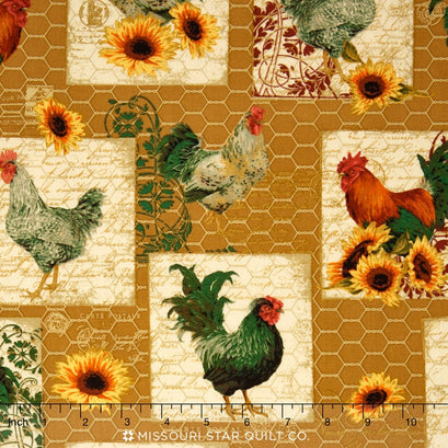 French Roosters - Main Print Gold Yardage