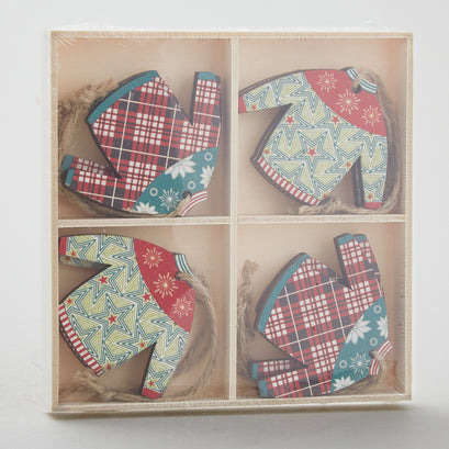 Set of 8 Printed Wood Sweater Mini Ornaments in Wood Box