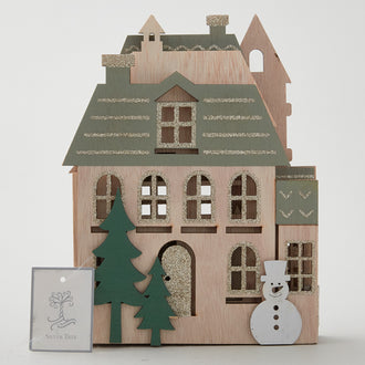 Printed Wood Foldable Village Scene with Tree and Snowmen