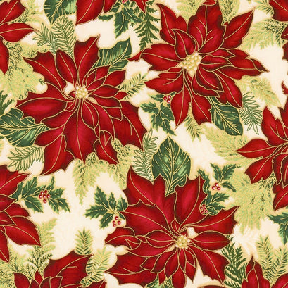 Holiday Flourish 10 - Holiday Large Poinsettias Holiday Metallic Yardage