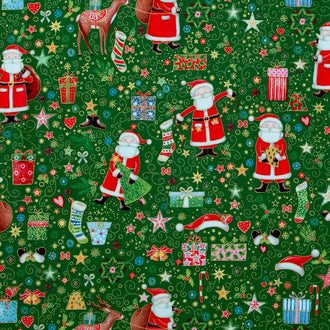 Jolly St Nick - Merry Magic Metallic Green Yardage