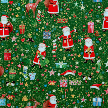 Jolly St Nick - Merry Magic Metallic Green Yardage