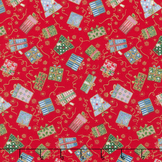 Jolly St Nick - Gifts Red Metallic Yardage