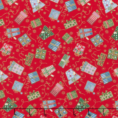 Jolly St Nick - Gifts Red Metallic Yardage