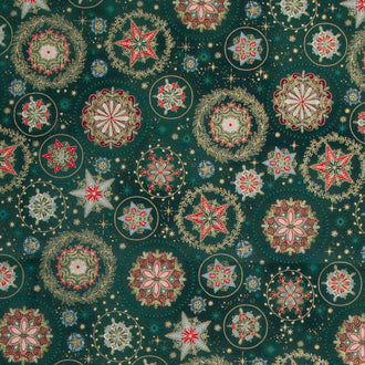 Good Tidings - Snow Crystal Green Metallic Yardage