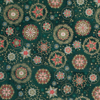 Good Tidings - Snow Crystal Green Metallic Yardage