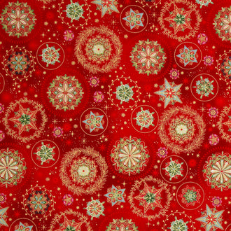 Good Tidings - Snow Crystal Red Metallic Yardage