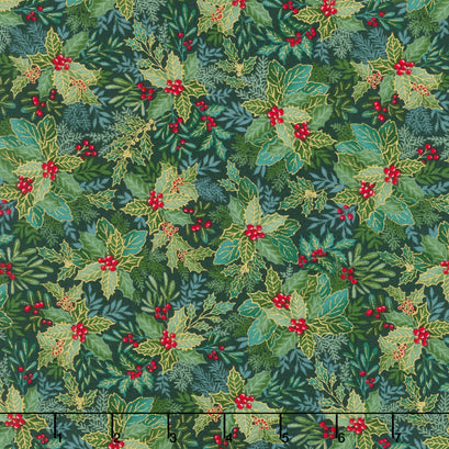 Good Tidings - Holly Bush Dark Green Metallic Yardage