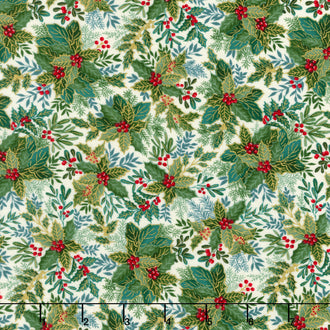 Good Tidings - Holly Bush Cream Metallic Yardage