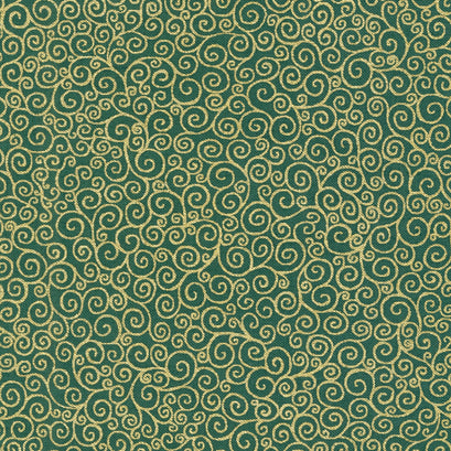 Good Tidings - Scroll Green Metallic Yardage