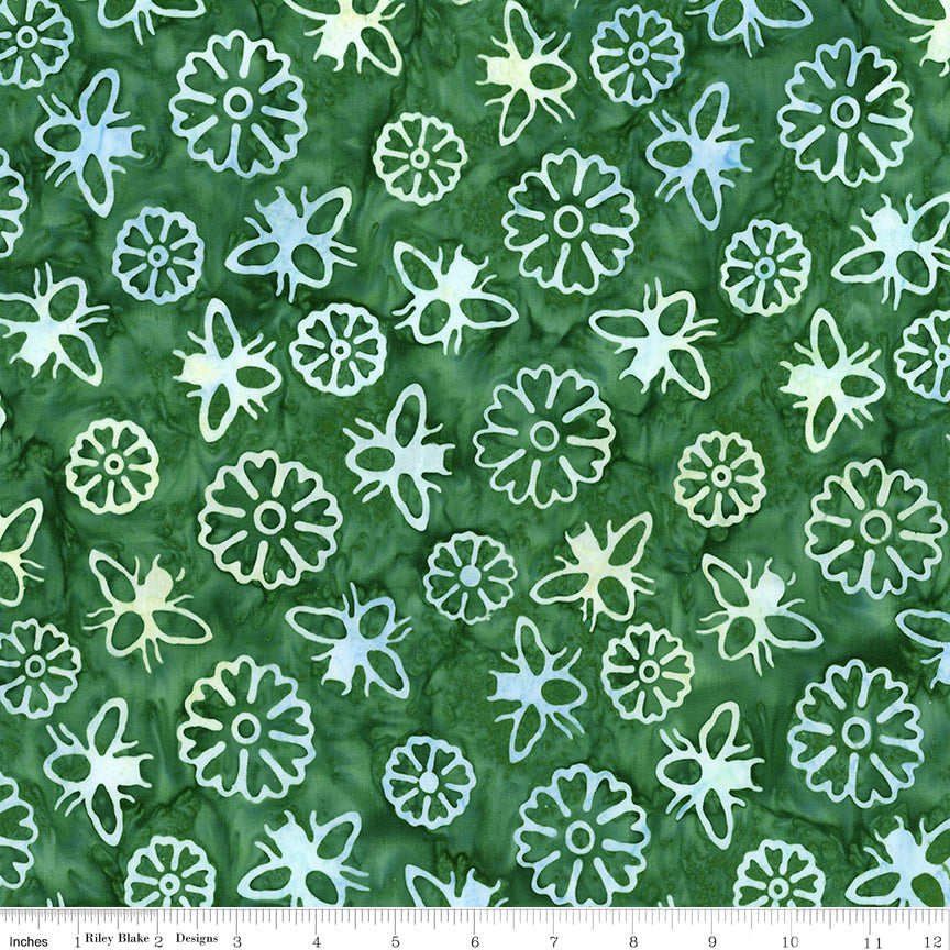 Expressions Batiks - Watercolor Daisies - Dark Vintage Green