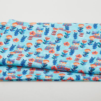 Sunshine Cats - Flowerful Cats Medium Turquoise 2 Yard Cut