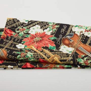 Christmas Musical - Christmas Serenade Black Metallic 2 Yard Cut