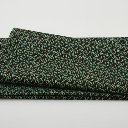 Christmas Musical - Musical G-Clef Black/Green Metallic 2 Yard Cut
