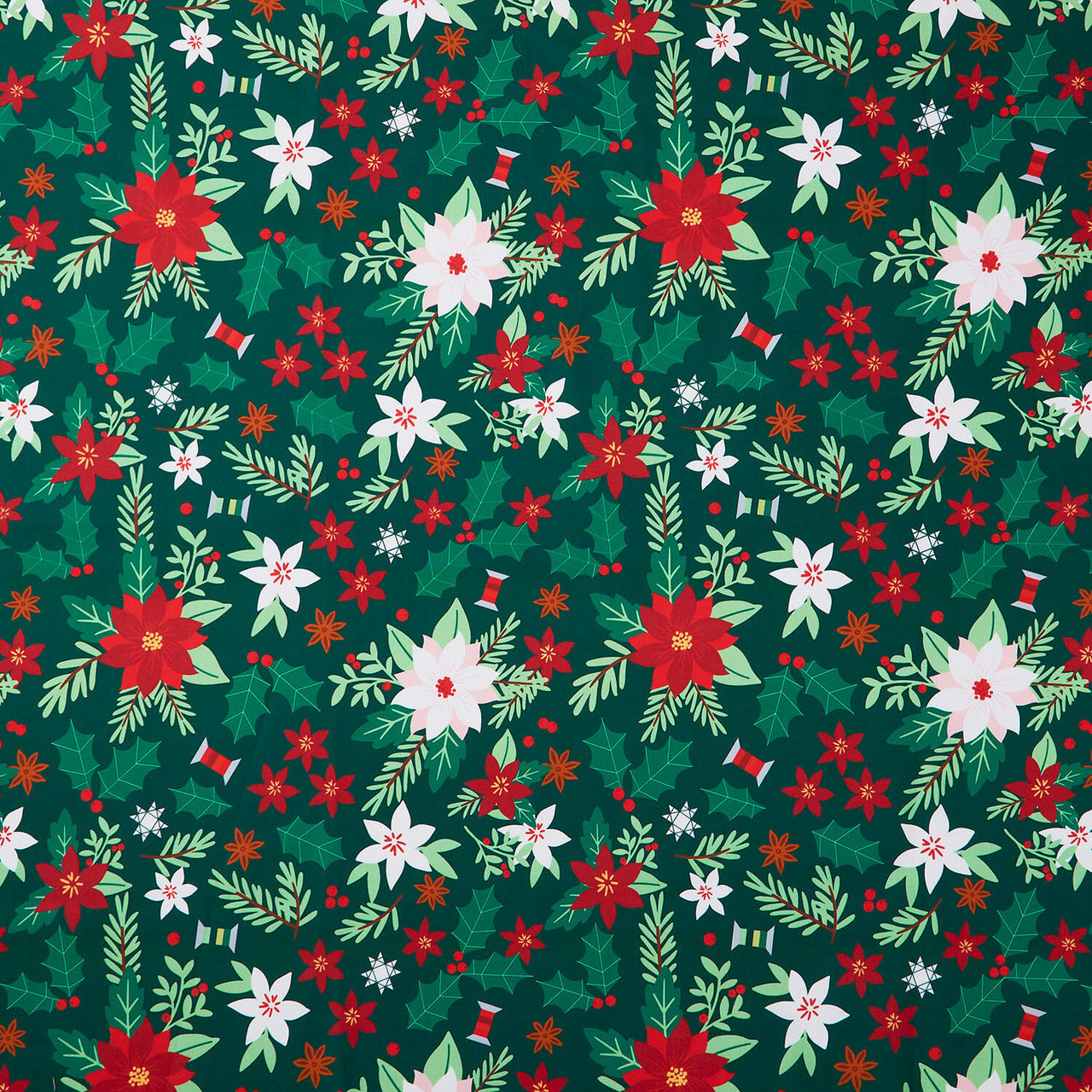 Christmas In Quilt Town - Poinsettia Tossed Green 110" Wide Backing