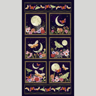 Midnight Rendezvous - Moths With Flower And Moons Dark Purple Fabric Panel