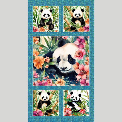 Panda Paradise - Pandas With Bamboo Teal Fabric Panel