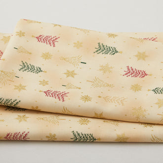 Frosty Snowflake - Christmas Trees Beige/Gold Metallic 2 Yard Cut
