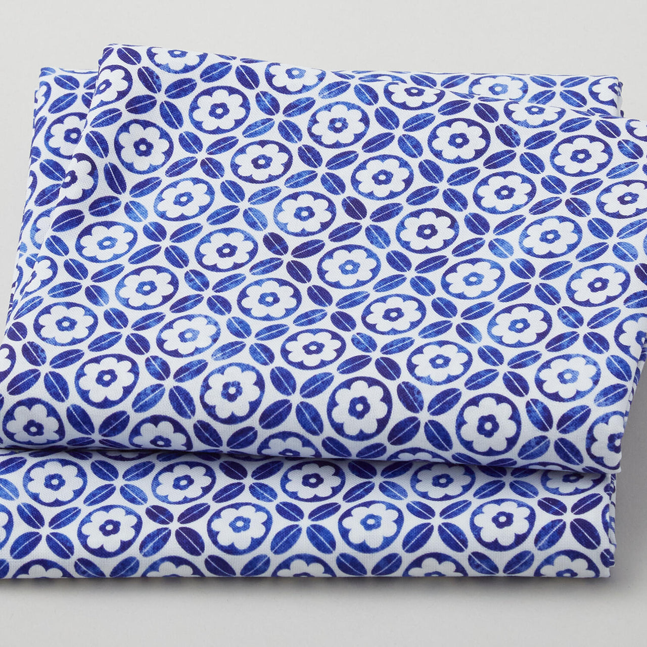 Geometric Blue Flower on White Ground - White 2 Yard Cut
