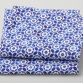 Geometric Blue Flower on White Ground - White 2 Yard Cut