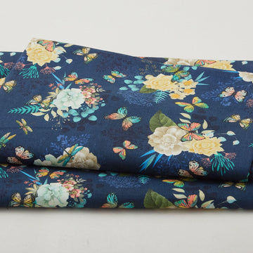 Birds & Blooms - Floral With Butterflies Navy Blue 2 Yard Cut