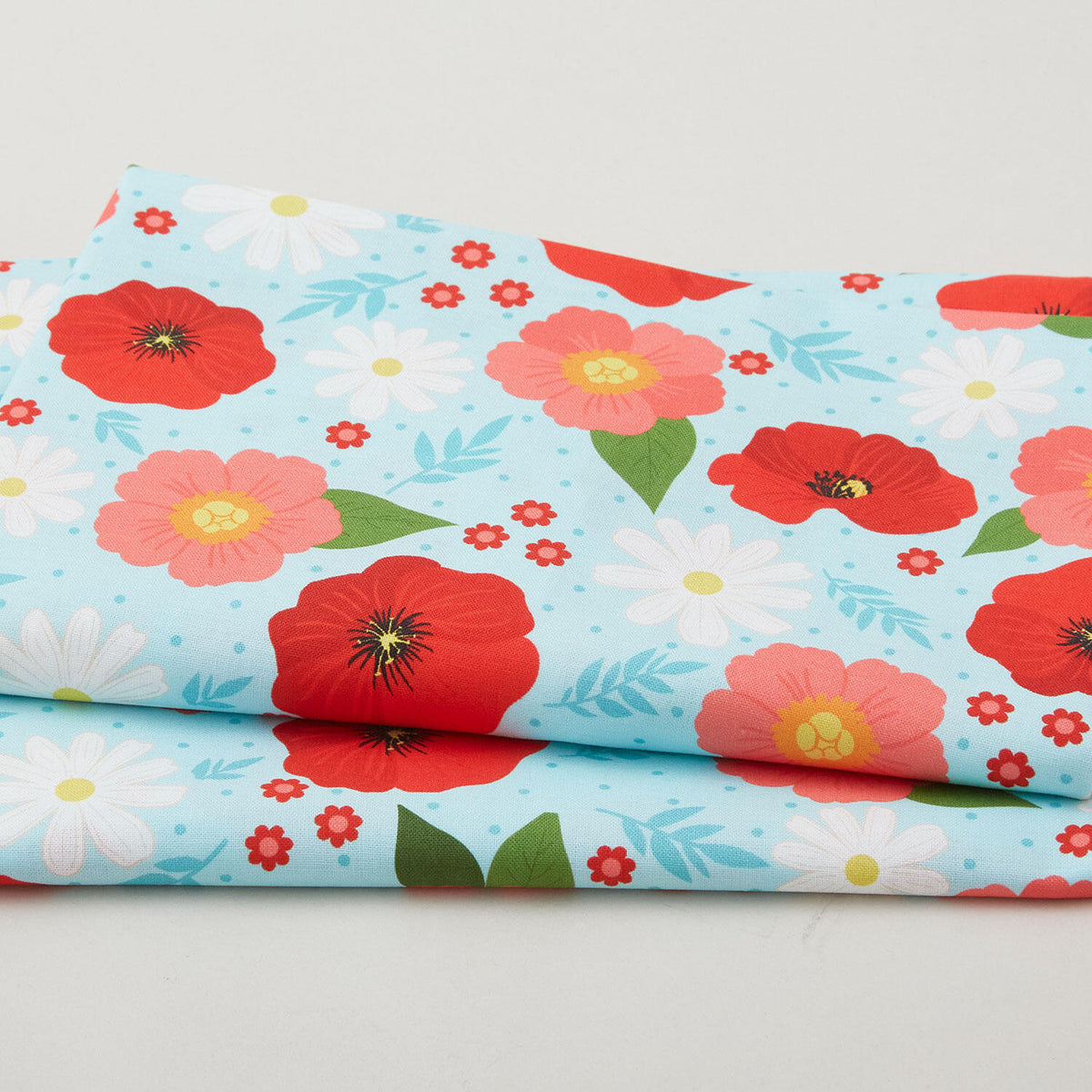 The Bright Side - Daisies and Poppy Flowers Turquoise 2 Yard Cut