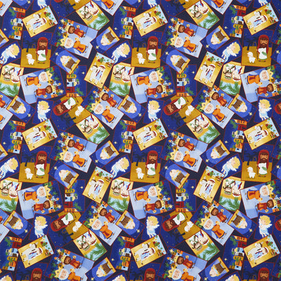 Away in a Manger - Nativity Squares Tossed Blue Yardage