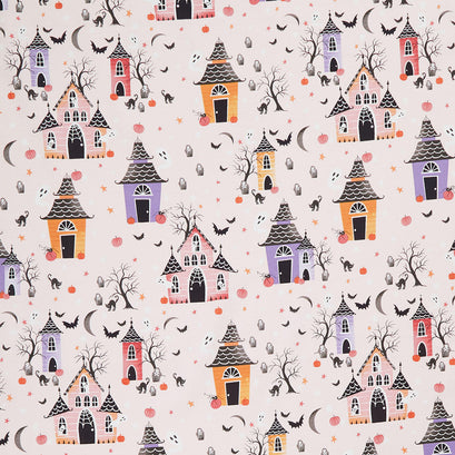 Ghostly Greetings - Haunted Houses Light Pink Yardage